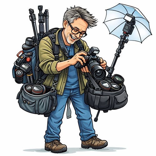 Cartoon photographer with lots of equipment