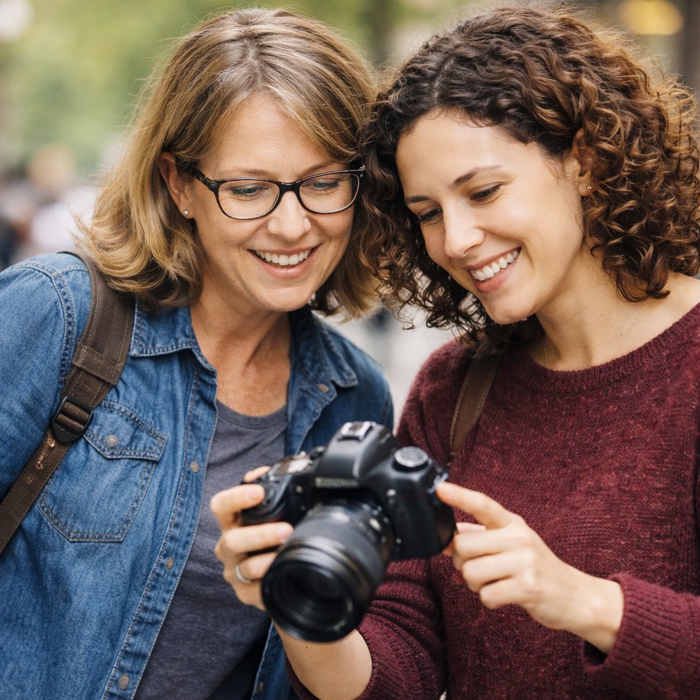 Focus Ring image - two girls looking at back of camera 1x1